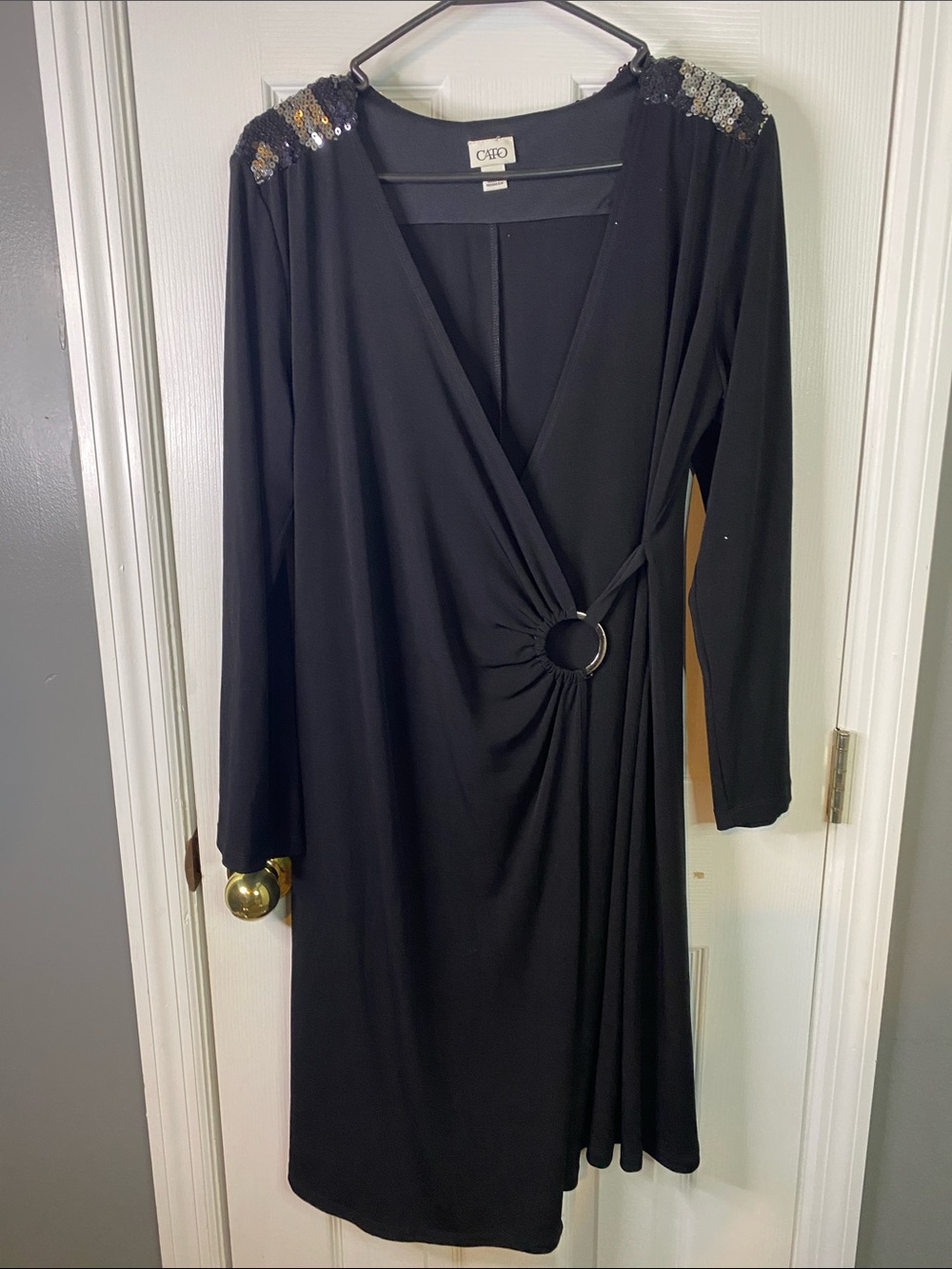 Cato Black Long Sleeve Wrap Dress with Sequin-Trimmed Shoulders Size Large.